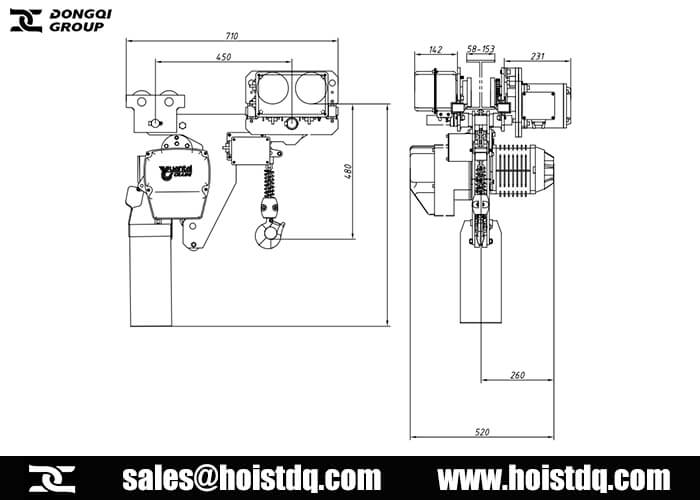 design drawing of low headroom chain hoist with trolley